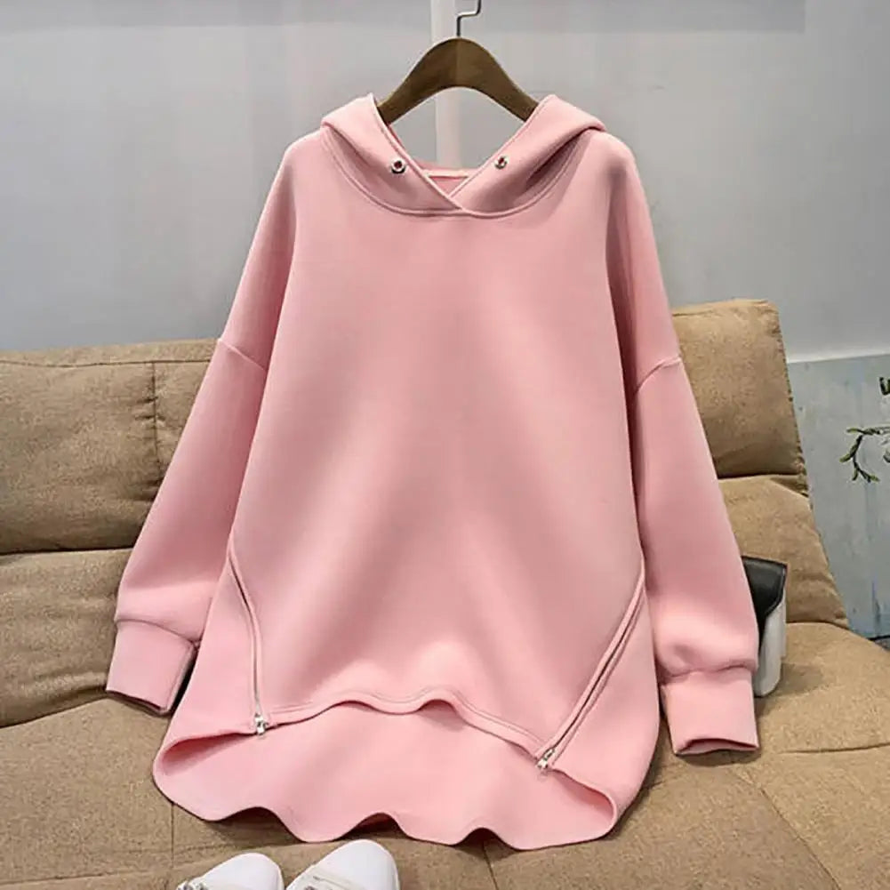 Solid Color Sweatshirt Zippers Eyelet Long Sleeve Streetwear Spring Autumn Loose Irregular Pullover Hoodie Top Milanni Fashion