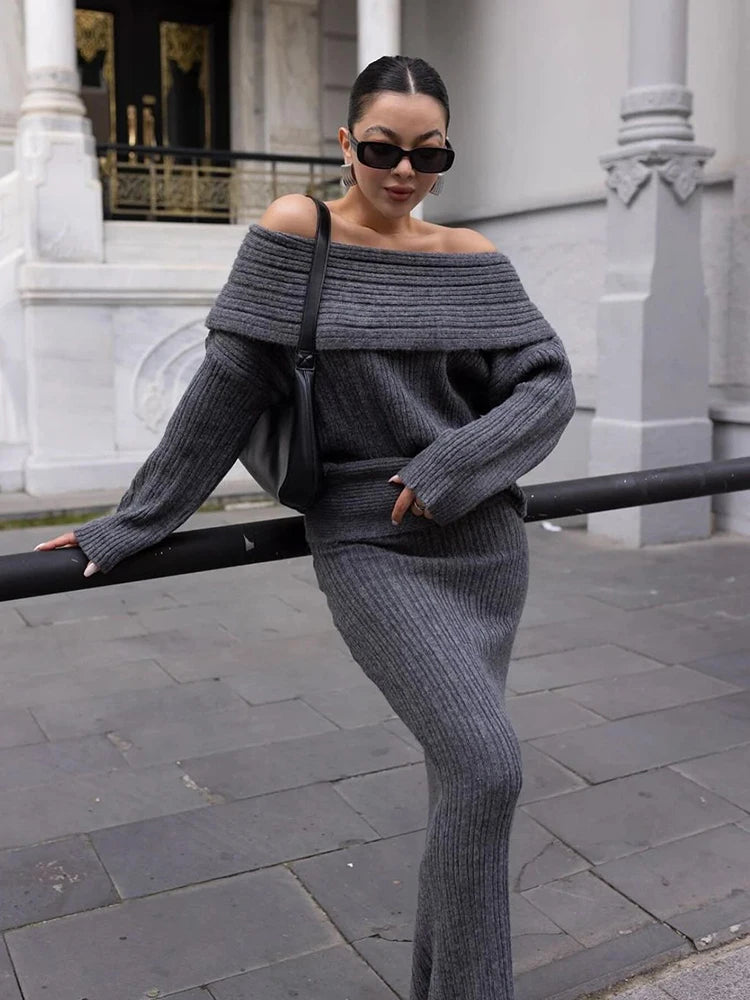 Off Shoulder Sweater Pullover Top Slim Skirt Suit Fashion Office Outfit Winter Knitted Two Piece Set for Women Milanni Fashion