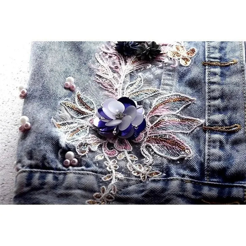 Women’s Embroidered Flower Denim Vest Beaded Waistcoat Sleeveless Slim Short Jacket Milanni Fashion