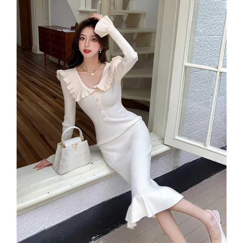 Ruffled Turn Down Collar Knitting Mermaid Dress French Fall Winter Flare Sleeve Stretch Sweater for Women Milanni Fashion