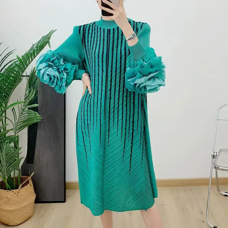 Pleats Pleated Dress Printed Commuter Midi Skirt 2024 Spring and Fall New Collar Hand-shaken Flower Large Size Women's Dress  Milanni Fashion malachite green One Size 