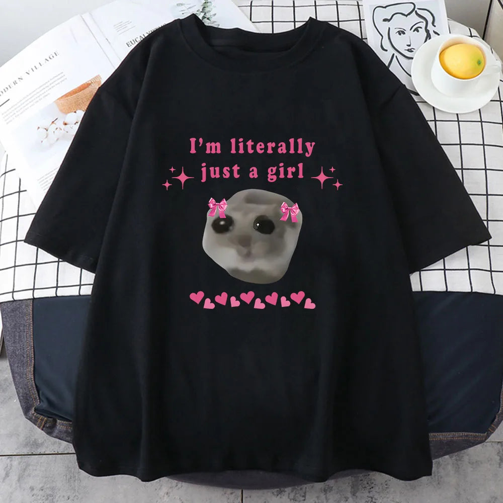 Sad Hamster T-Shirt I'm Just A Girl Letter Printing Cotton Tee for Women Casual Fun Graphic Top Milanni Fashion Black XS