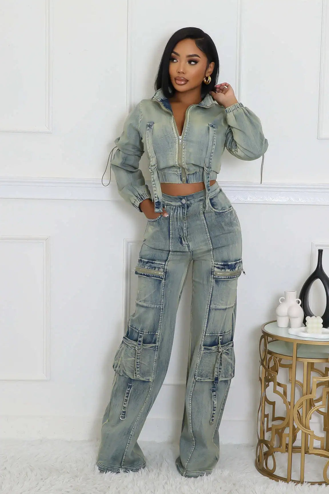 Fashion Stretch Denim Crop Jacket and Pocket Jeans Cargo Pants Casual Denim Two-Piece Suit for Women Milanni Fashion