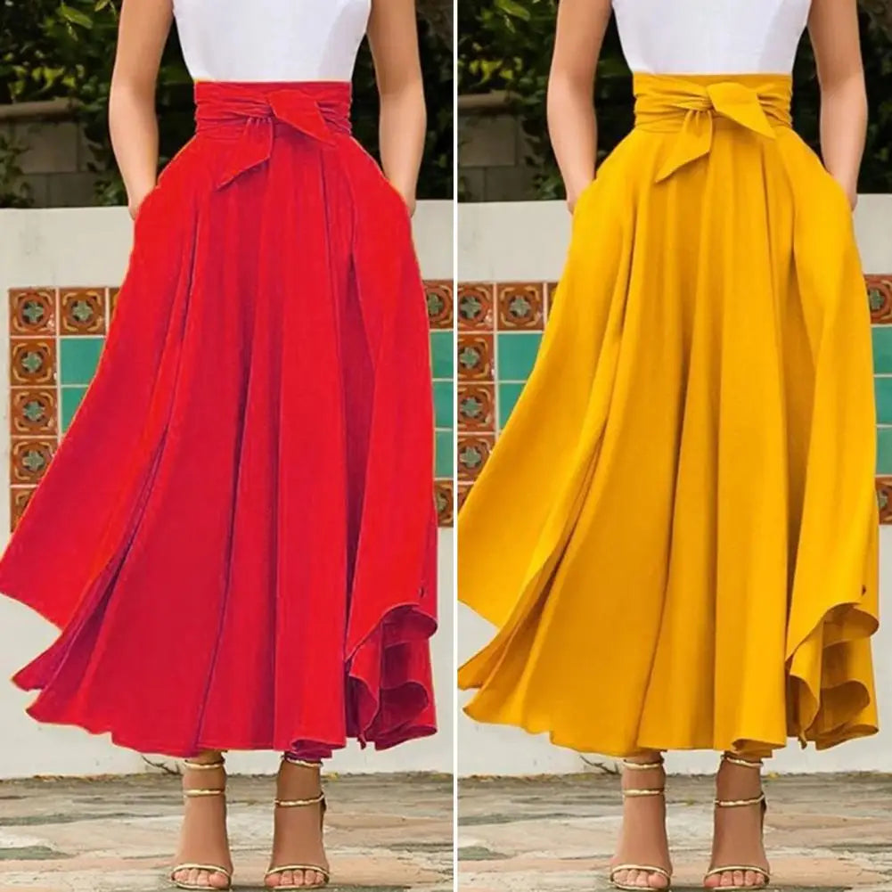 Solid High Waist A-Line Maxi Skirt Slim Fit Bow Belt Flared Pleats Elegant Design for Women Milanni Fashion