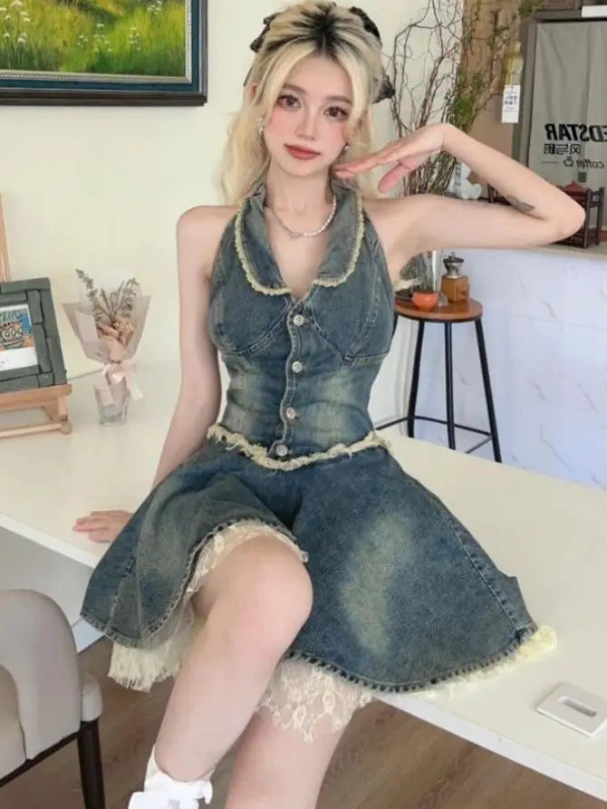 Denim Retro Hanging Neck Dress for Women Slim Short Dress Fashionable and Trendy Casual Wear Milanni Fashion