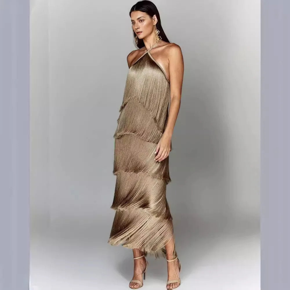 Fashion Neck Fringed Backless Slit Dress Elegant Stylish Sleeveless Gown Perfect For Events Maxi Dress Milanni Fashion   