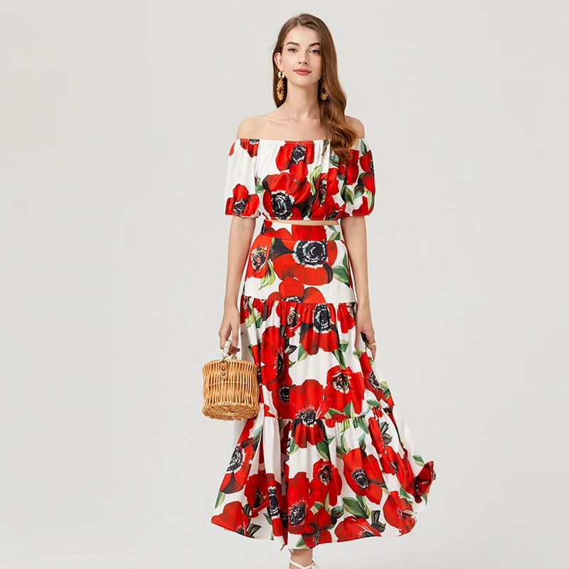 Summer Runway Designer Floral Print 2-Piece Set Slash Neck Cropped Top & Maxi Skirt Milanni Fashion Red XL