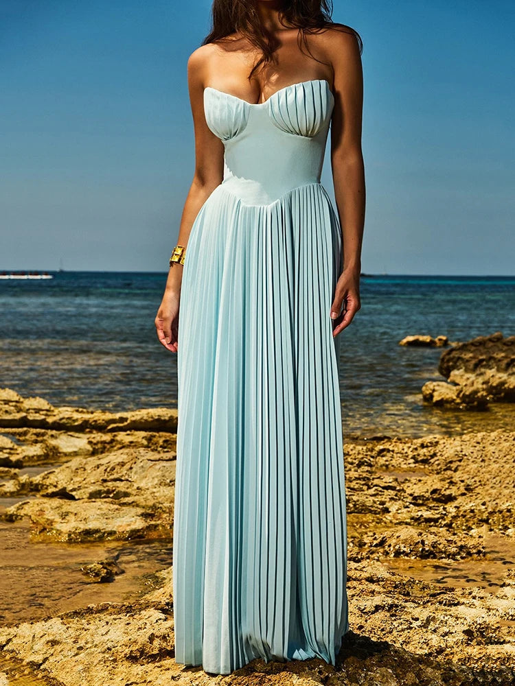 Off-shoulder Backless Pleated Maxi Dress For Women Fashion Strapless High Waist Bodycon Sexy Long Dress Maxi Dress Milanni Fashion Sky Blue XS 