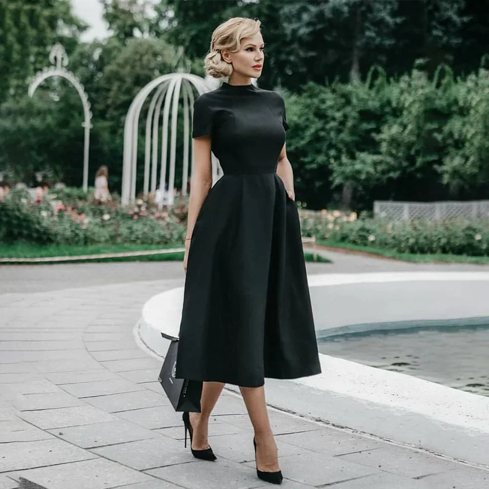 Elegant Black Dress Half High Collar High Waist A-Line Dress Slim Fit Midi Dress Maxi Dress Milanni Fashion   