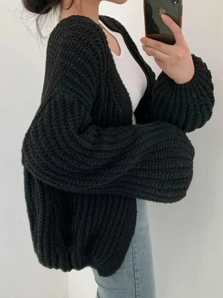 Vintage Lantern Sleeve Cardigan Sweater Casual Fall Streetwear Women’s Sweater Stylish Outerwear Milanni Fashion Black One Size