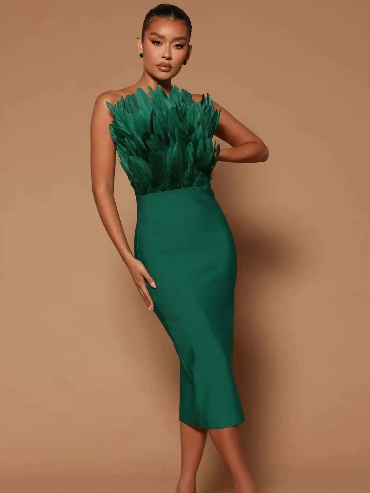 Women Sexy Strapless Brown Feathers Bodycon Bandage Dress Elegant Midi Evening Club Party Dress Midi Dress Milanni Fashion   