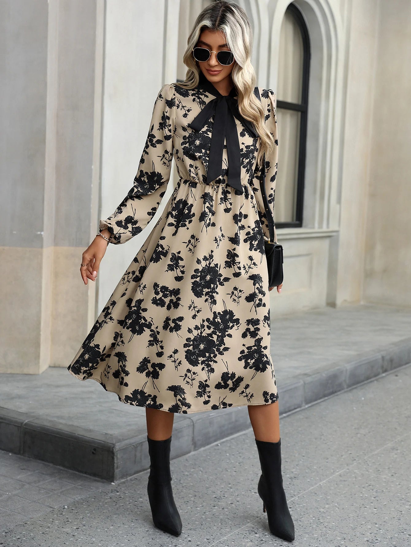 Fashionable Elegant Floating Collar Printed Waist Cinched A-line Long Sleeve Dress for Women Milanni Fashion Khaki XL