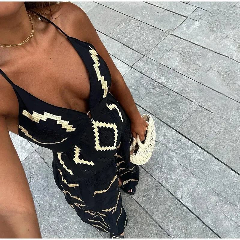 Sexy V-neck High Waist Backless Split Long Dress Fashion Printed Sleeveless Loose Dress Maxi Dress Milanni Fashion   