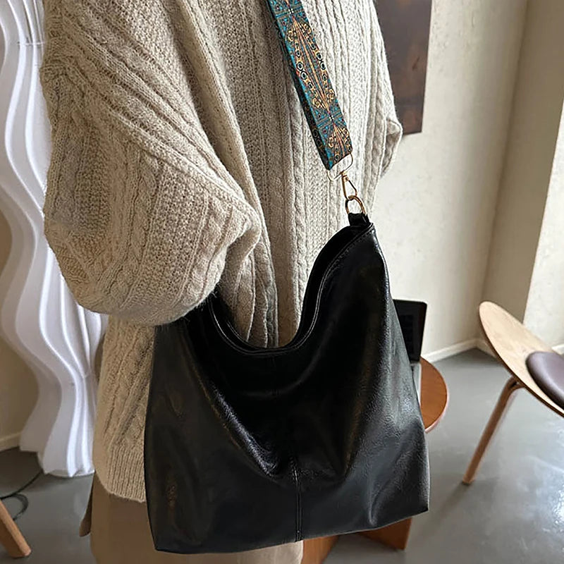 Vintage Solid Color Fashion Shoulder Sling Bag High-Capacity Wide Strap Bucket Bag Stylish Women's Purse Milanni Fashion