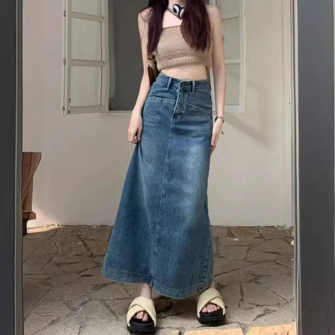 Plus Size Vintage Denim Skirt Women's Autumn Petite High-waisted Slimming A- line Long Dress Trendy Side Slit American Style  Milanni Fashion 5XL Blue 