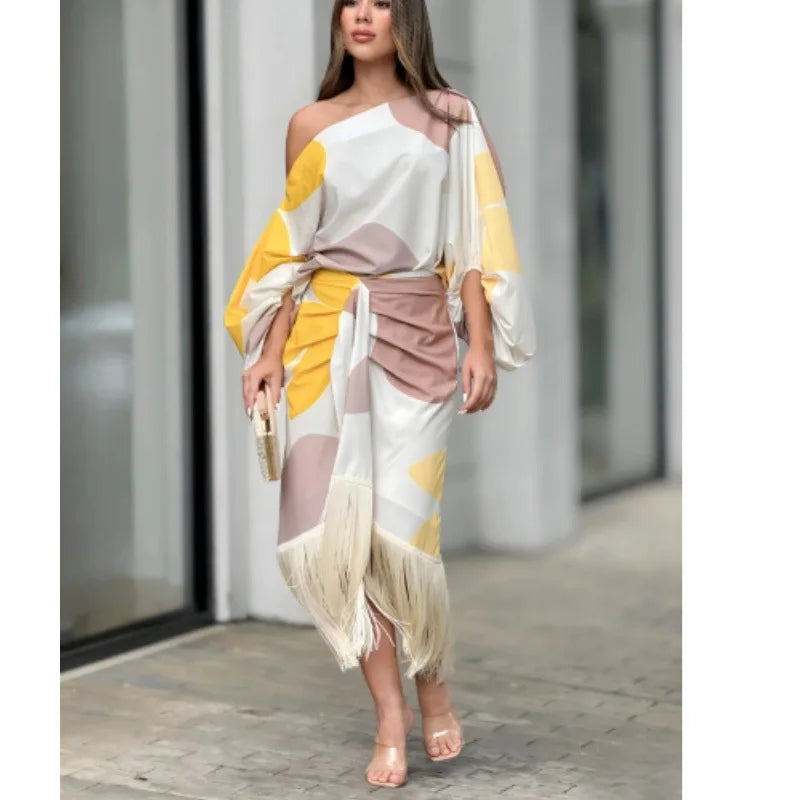 Spring Fashion Women's Two Piece Set Print Lantern Sleeve Top Tassel Hem High Waist Skirt Set Milanni Fashion Beige L