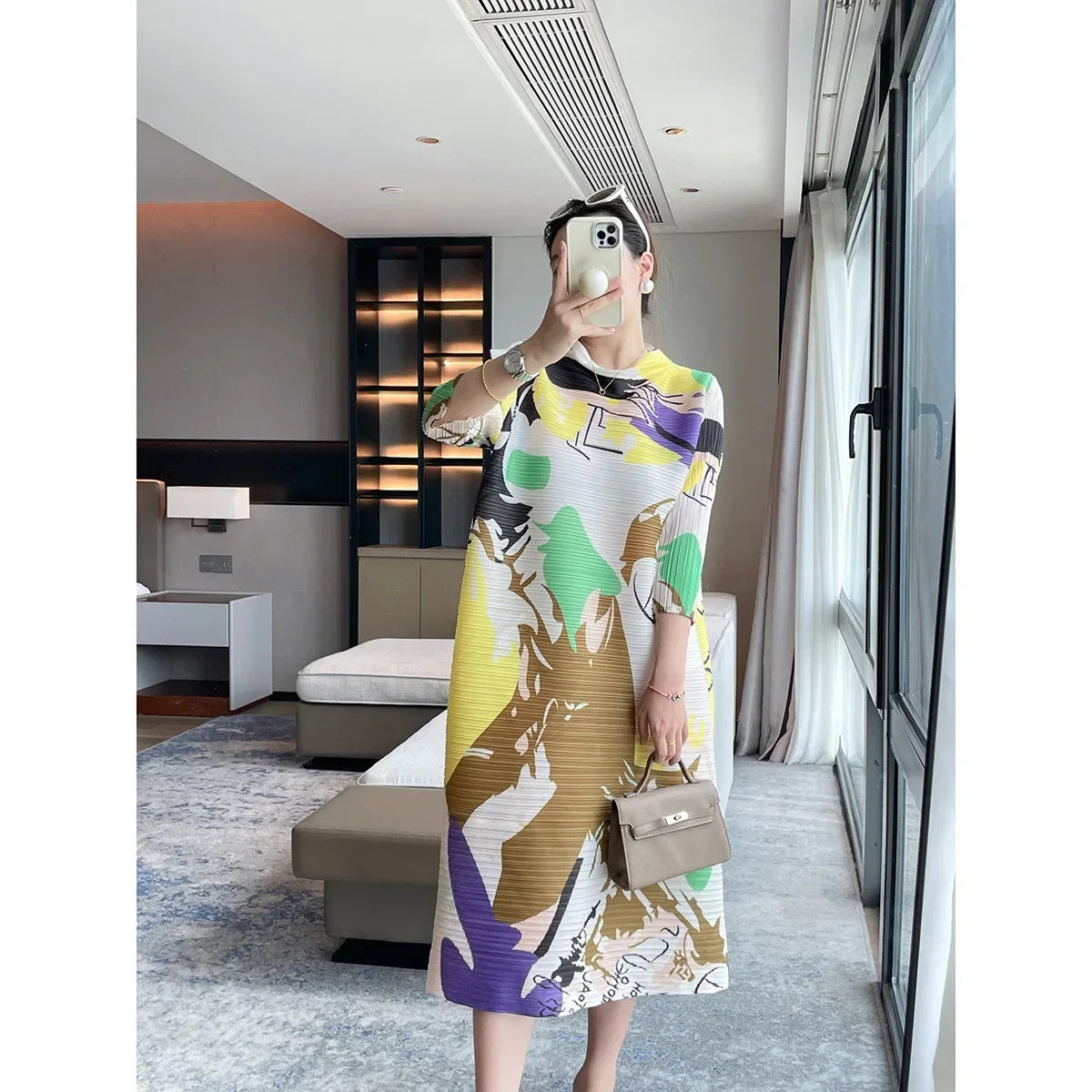 Fall New Senior Sense of Printing Loose Pleated Dress Women Temperament Ageing Thin Dress  Milanni Fashion   