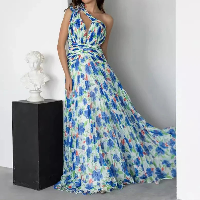 Sexy Diagonal Collar Hollow Out Evening Dress Women Elegant Floral Print Pleated Long Dress Fashion Hight Waist Slim Party Dress Maxi Dress Milanni Fashion 01 Blue XXXL 