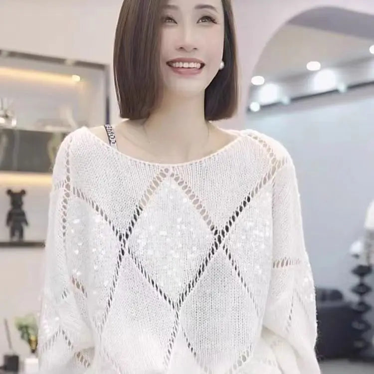 Loose Hollow Out Glitter O-neck Long Sleeve Knitwear Stylish Women’s Casual Sweater Top Milanni Fashion