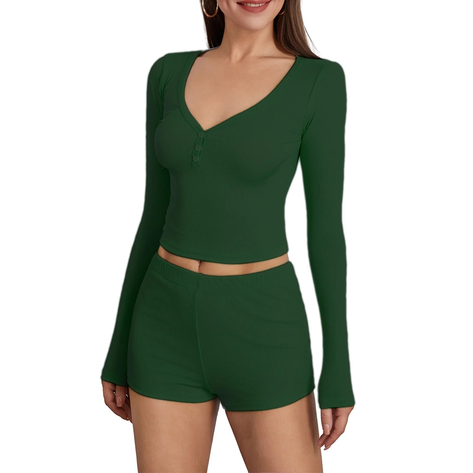 Women's Ribbed Knit 2-Piece Set V-Neck Button Long Sleeve Top & Shorts for Fall Milanni Fashion Green M