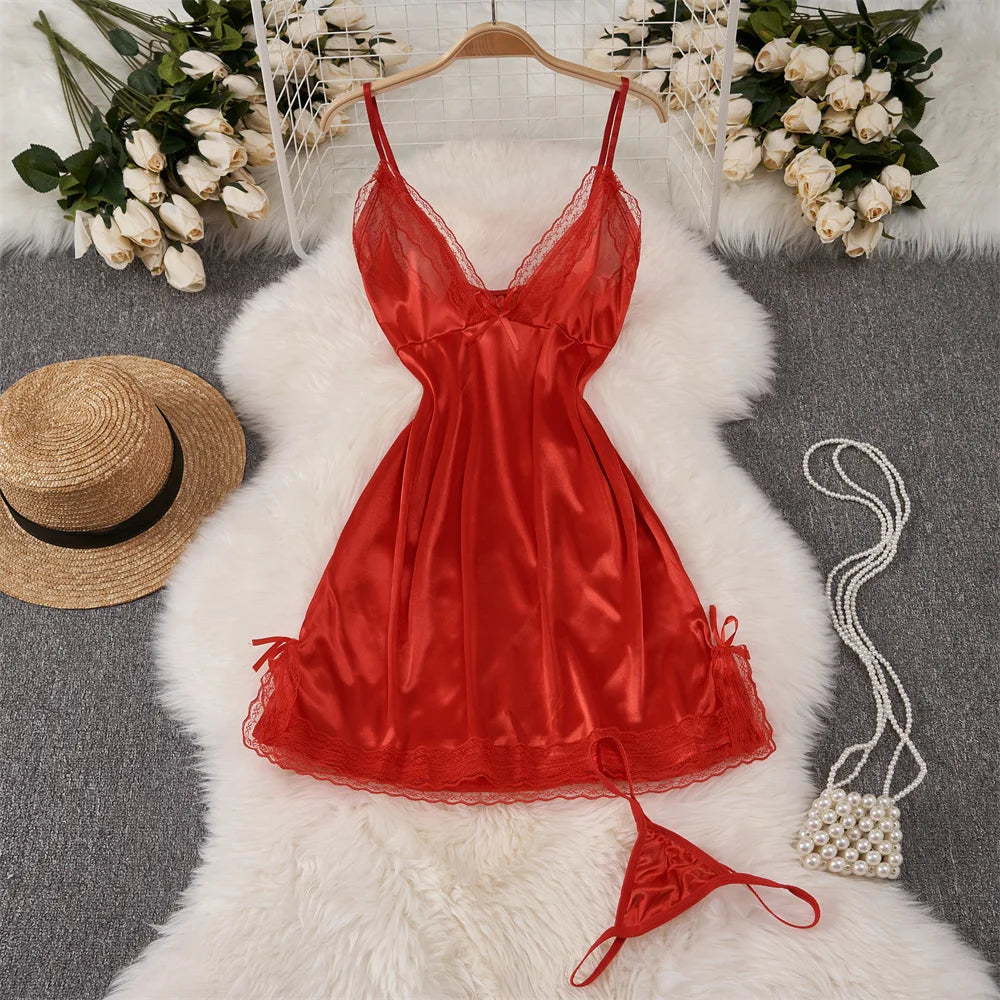 Solid Lace Patchwork Slim Sleeping Dress V-Neck Bow A-Line Casual Dress  Milanni Fashion Red S 