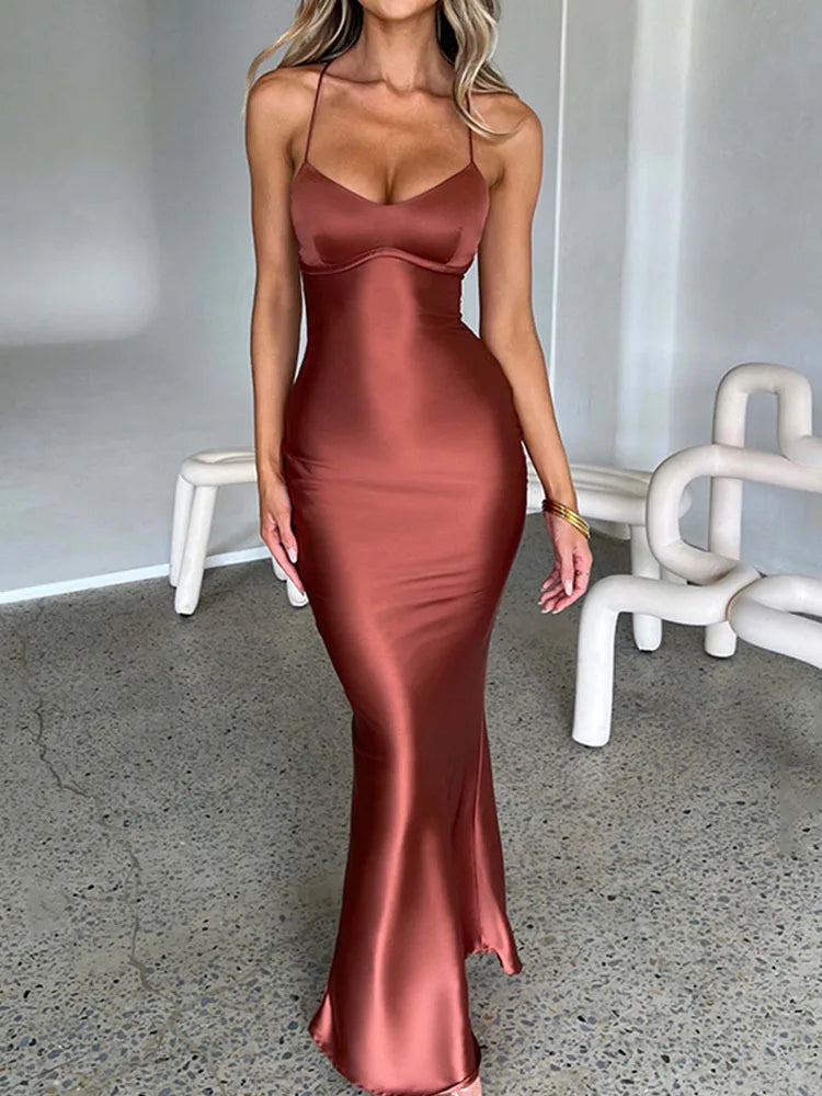 Satin Backless Slim Sexy Mermaid Dress Elegant Night Club Party Dress  Milanni Fashion L 9693Brown 