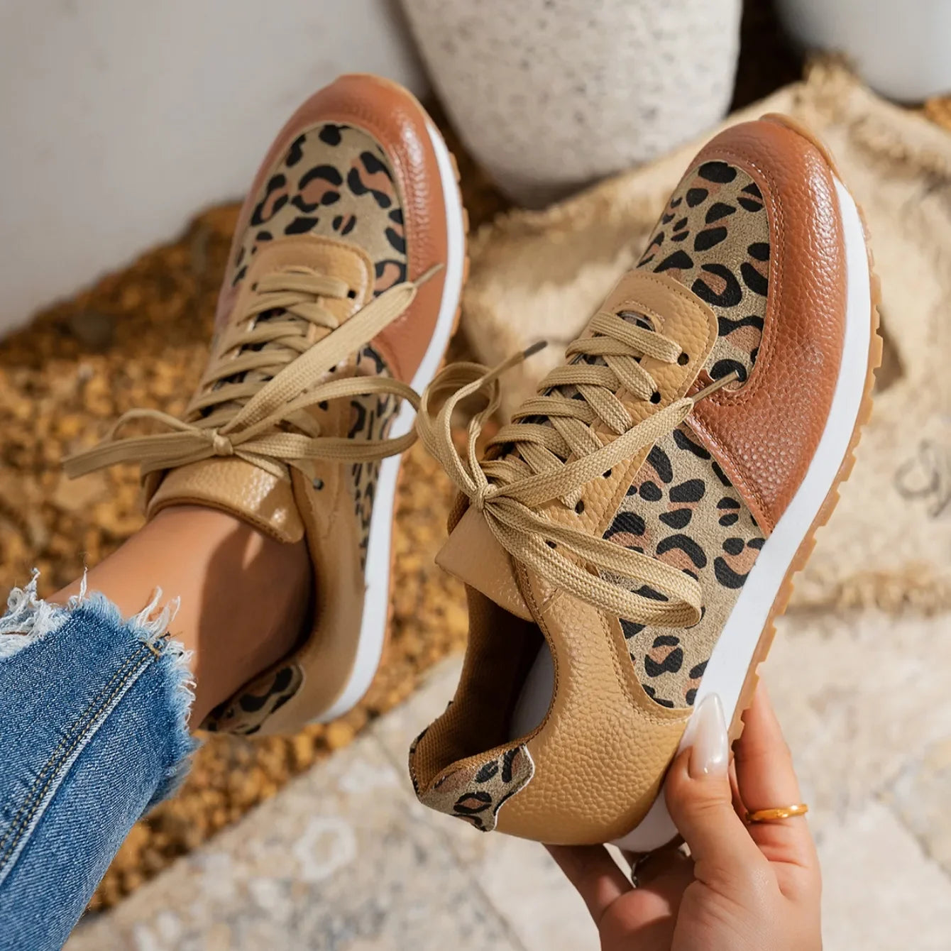 New Round Toe Low-top Leopard Wedge Sneakers Lace Up Sports Casual Shoes for Women Milanni Fashion