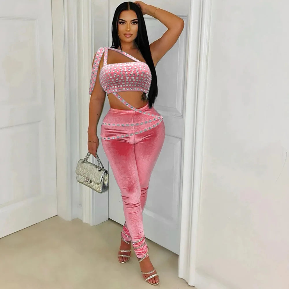 Rhinestone Velvet Two-Piece Pant Set Elegant Bodycon Crop Top Luxury Fall Outfit Sexy Stylish Look Milanni Fashion Pink L