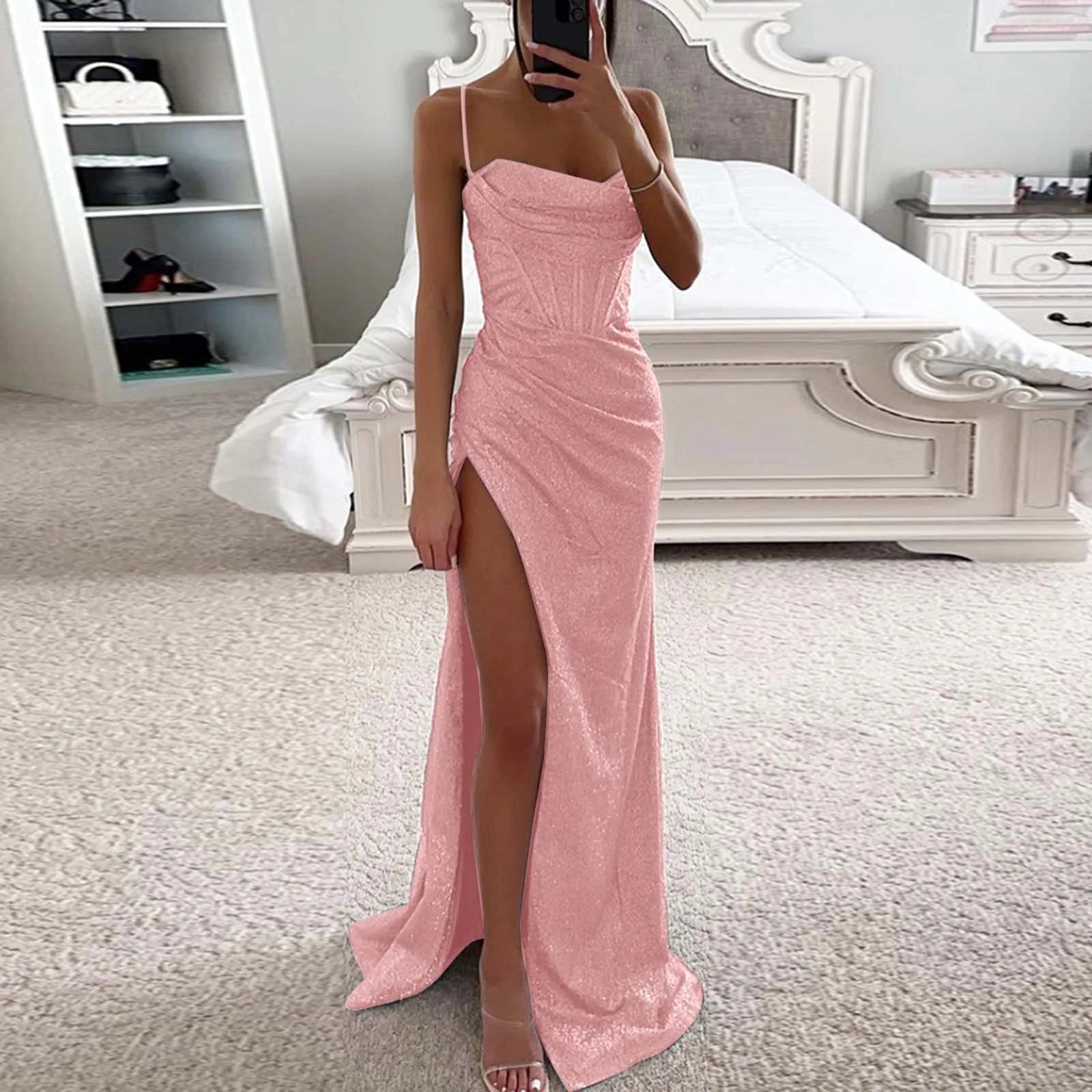 Women's Solid Color Sequin Dress Strap Sleeveless Backless Strap Cocktail Party Dress Maxi Dress Milanni Fashion Pink S CN