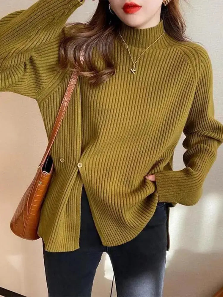 Women Sweater Pullovers Turtleneck Casual Autumn Winter Split Fork Button Chic Sweater  Milanni Fashion army green One Size 