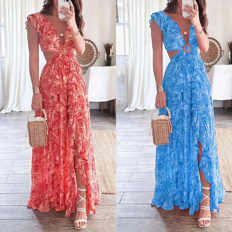 Printed Hot Girl Style Deep V Sexy Waist-exposed Long Pleated Casual Dress Maxi Dress Milanni Fashion   