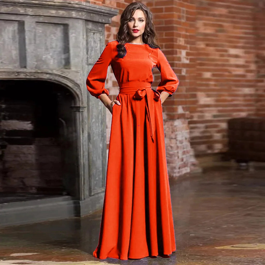 Women's Lantern Sleeve Long Party Dress Vintage Bow Tie Maxi Dress Maxi Dress Milanni Fashion Red 5XL CN