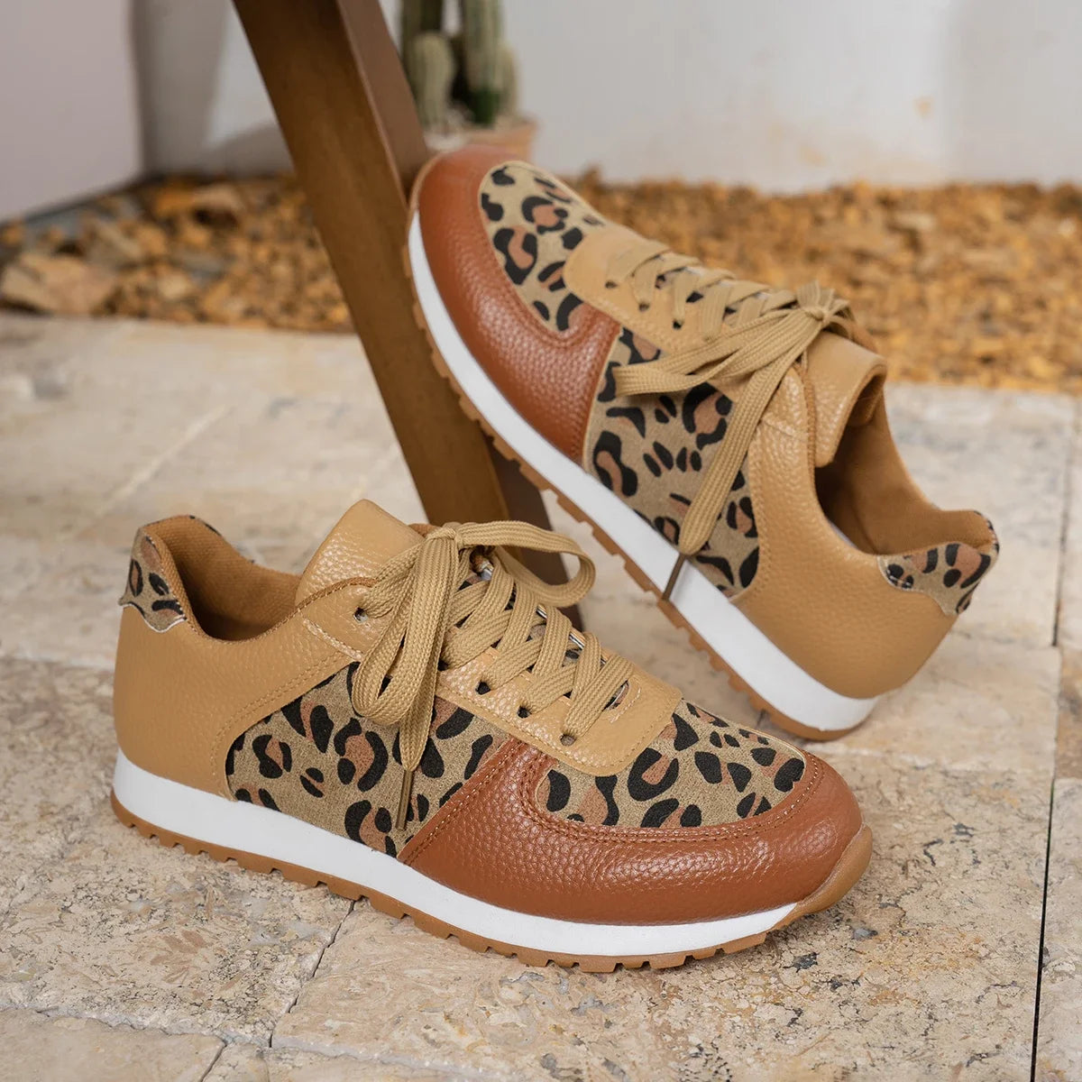 New Round Toe Low-top Leopard Wedge Sneakers Lace Up Sports Casual Shoes for Women Milanni Fashion