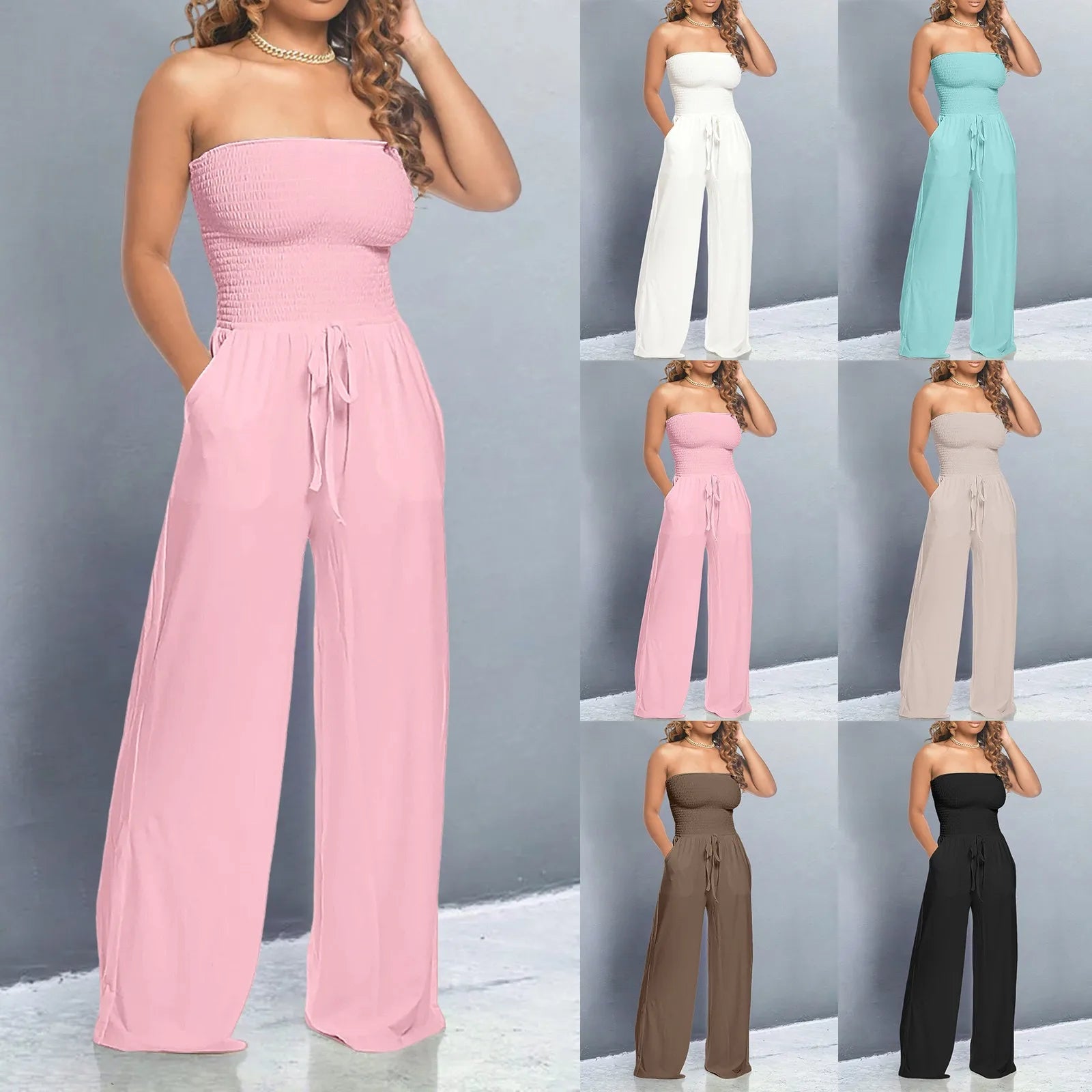 Sleeveless Strapless Lace Up Wide Leg Jumpsuit Sexy Night Club Party Bandage One Piece Outfit Milanni Fashion