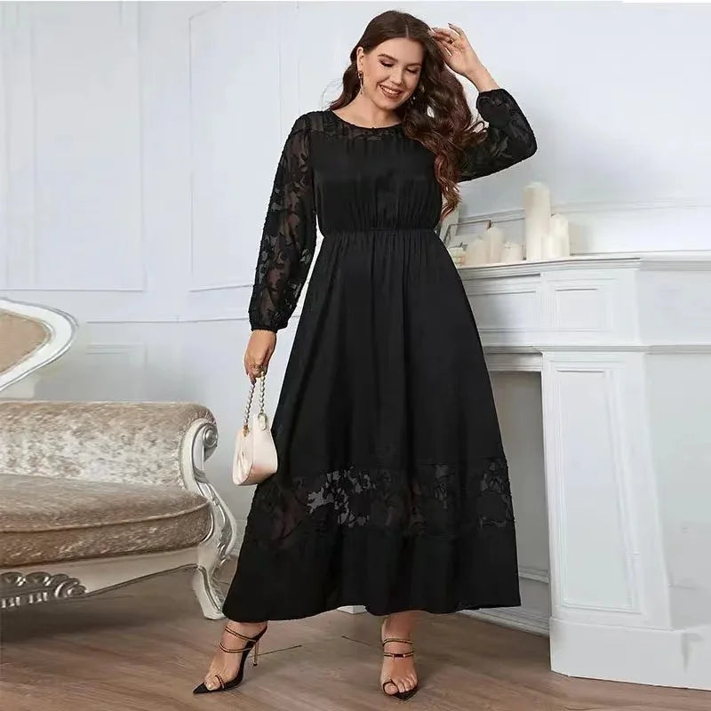 Plus Size Lace Dress For Women Sexy Long Sleeves Robe Maxi Solid Color Dress Autumn Gown Maxi Dress Milanni Fashion Black 3XL 