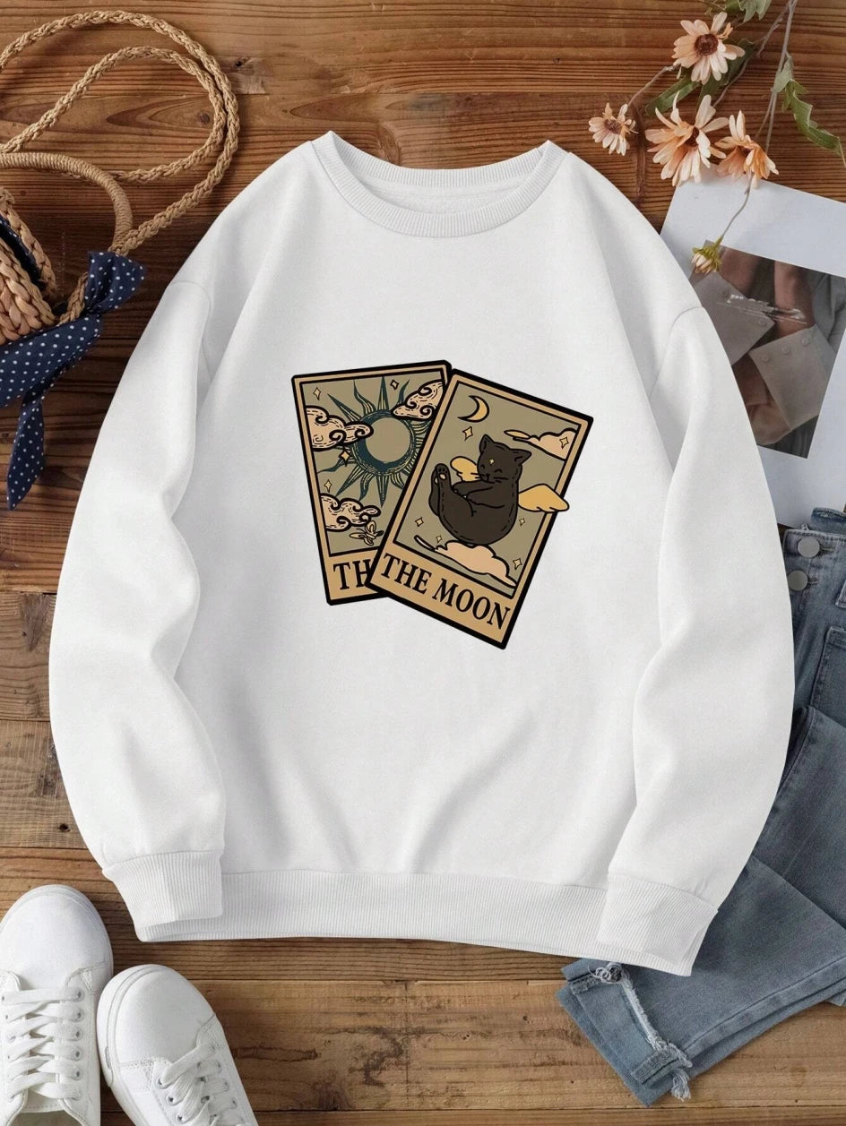 Vintage Tarot Bear Moon Print Fleece Hoodie Warm Casual Crewneck Pullover Loose Women Sweatshirt Milanni Fashion