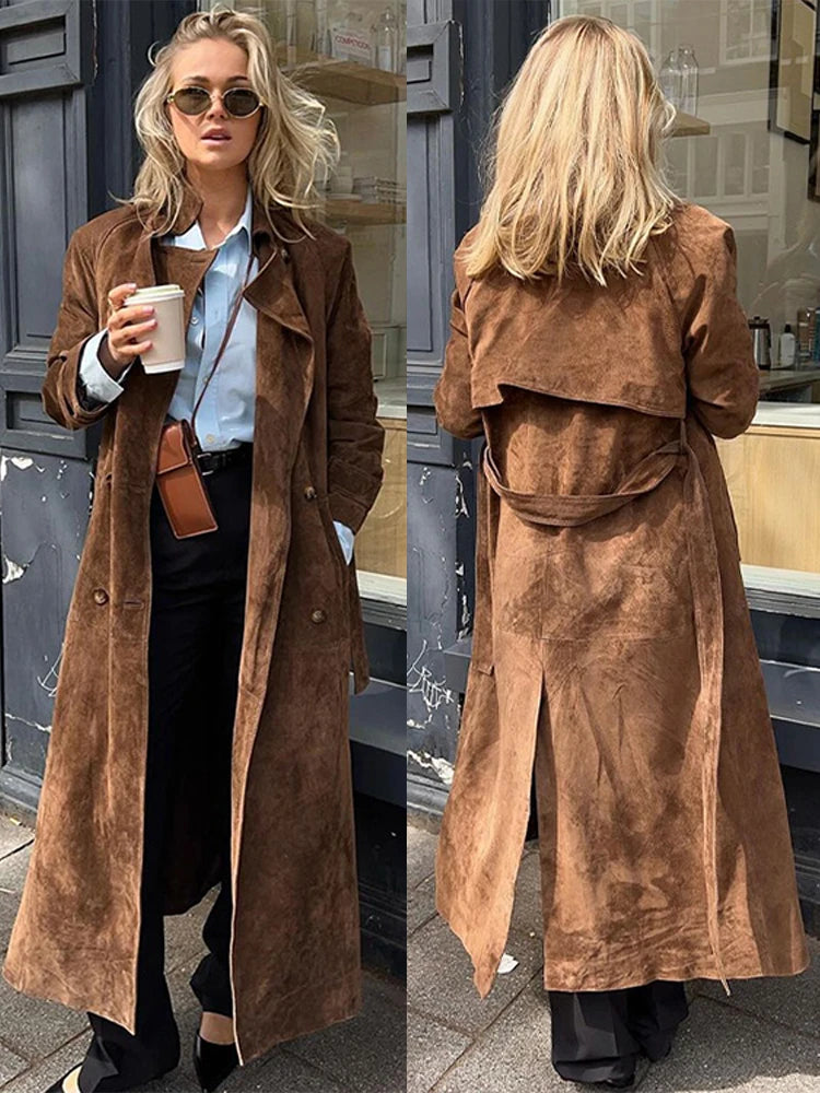 Suede Long Jacket Casual Lapel Single Breasted Lace Up Coat Fashionable and Stylish Outerwear for Women Milanni Fashion