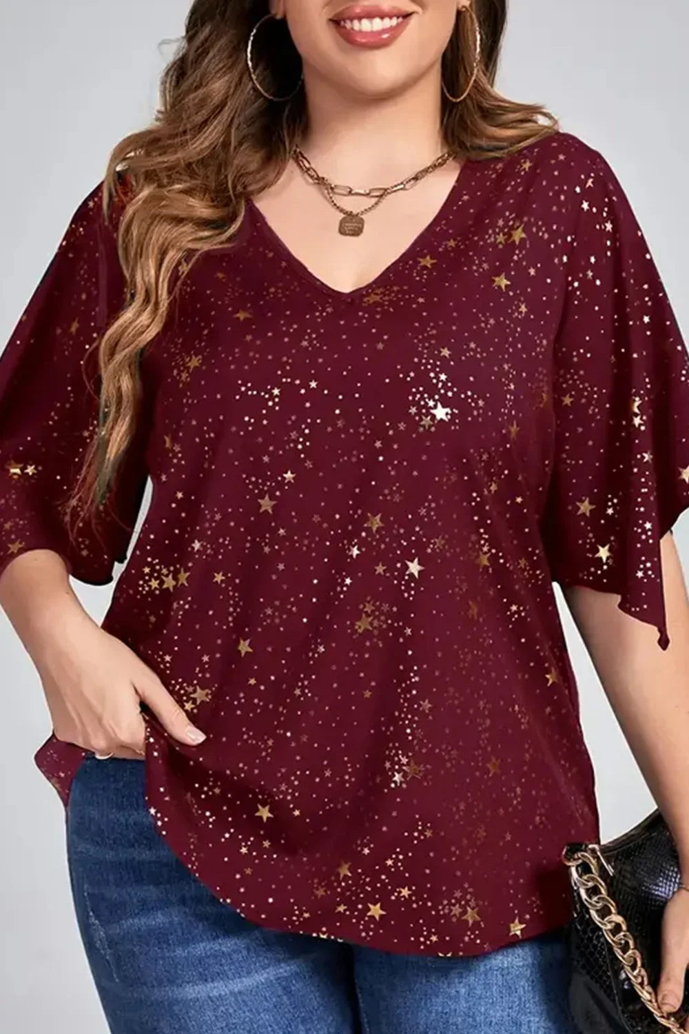 Plus Size Christmas Burgundy Sparkly Bronzing Print V Neck Blouse Half Sleeve Loose Top Milanni Fashion