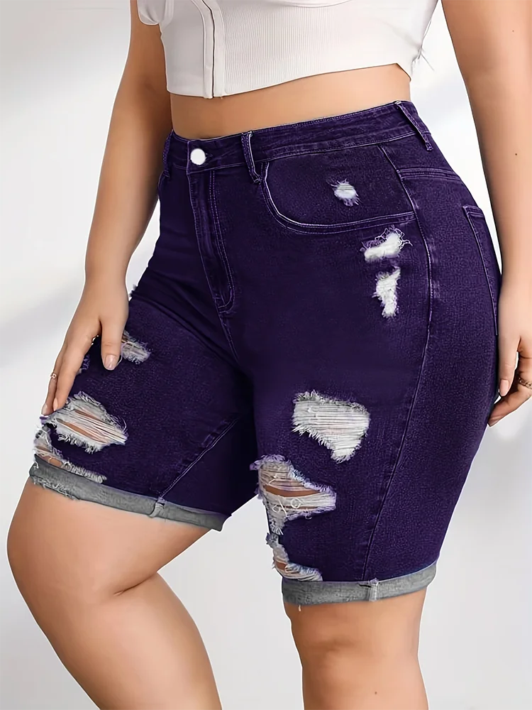 Curled Holes Denim Shorts Spring Summer Fashion Casual Solid Skinny Pencil Shorts Plus Size Mid Waist Stretchy Jeans Milanni Fashion