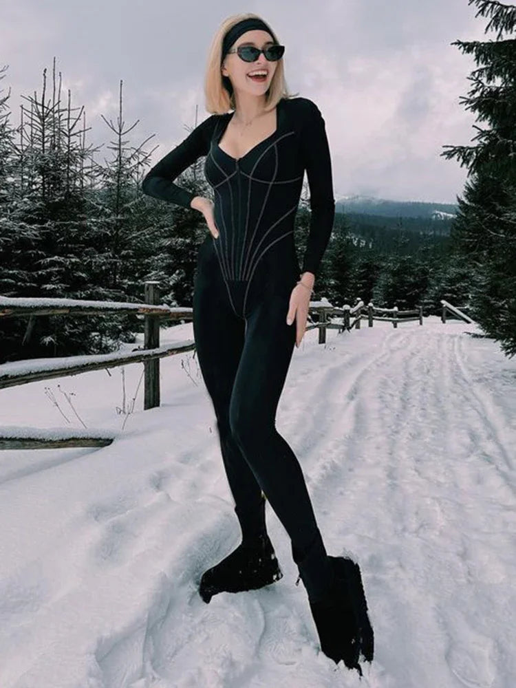 Striped Long Sleeve Skinny Jumpsuit for Women Autumn Zipper Deep V Neck Fitness Sporty One-Piece Outfit Milanni Fashion Black L