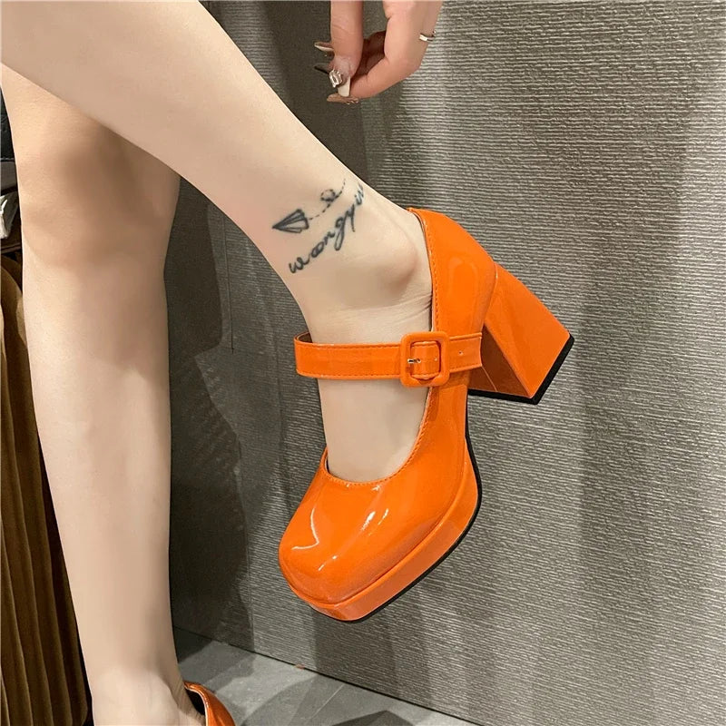 Square Toe Women's Pumps Chunky Heels Orange Non-slip Women High Heels  Milanni Fashion   