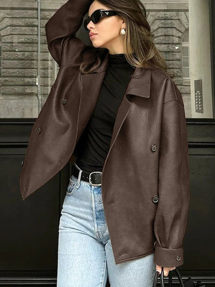 Vintage Leather Women's Jacket Lapel Double Breasted Long Sleeve Coat Outerwear Fashionable Top Milanni Fashion