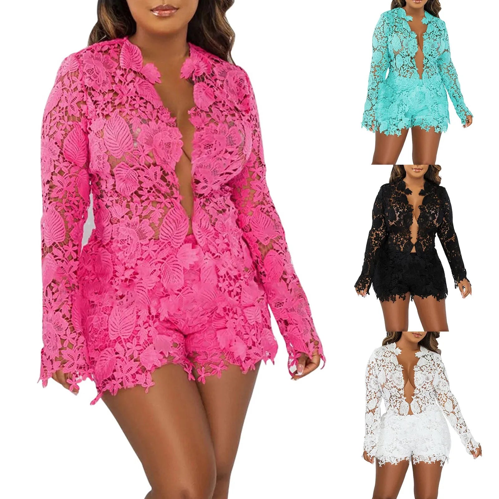 Autumn Sexy Elegant Lace Embroidery Shorts Set Long Sleeve Blouse & Matching Two Piece Outfit Milanni Fashion