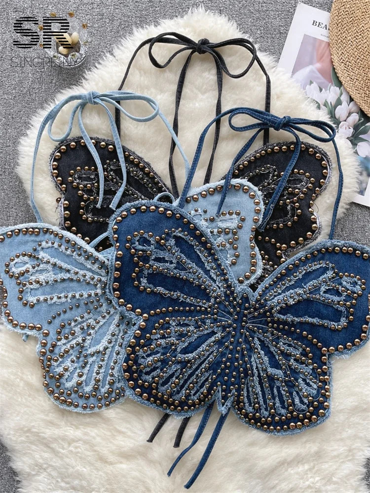 Sexy Halter Denim Tank Top Beading Butterfly Design Spaghetti Strap Cami Women Summer Top Milanni Fashion