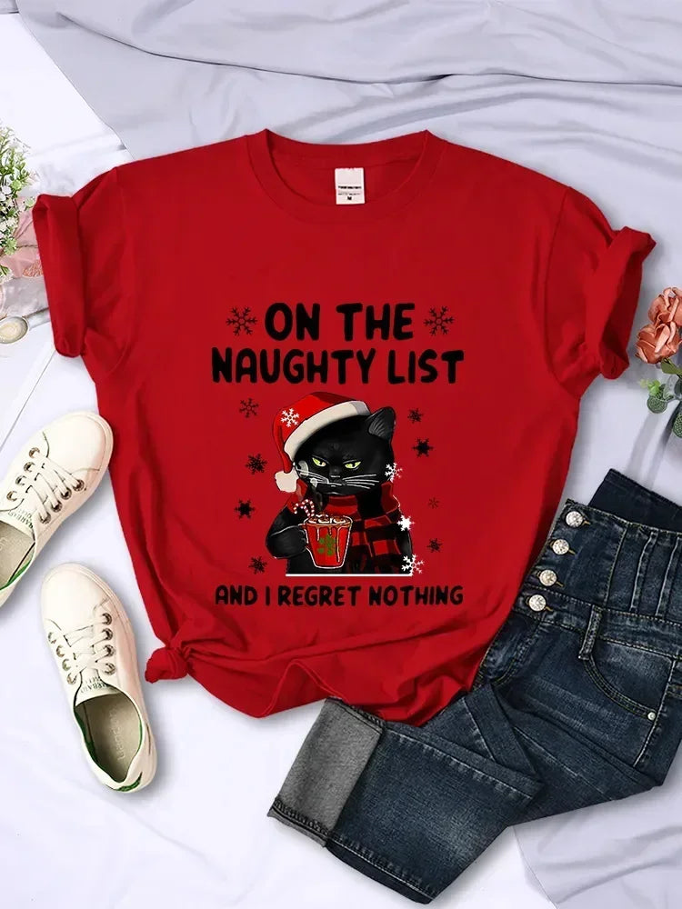 Christmas T-Shirt Santa Cat on the Naughty List & I Regret Nothing Fashion Top for Holiday Fun Milanni Fashion Red XS