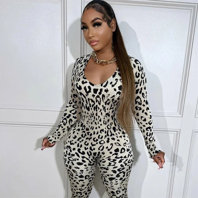 Sexy Open Back Leopard Jumpsuit Women Long Sleeve V-neck Skinny Split Flare Pants Romper Milanni Fashion