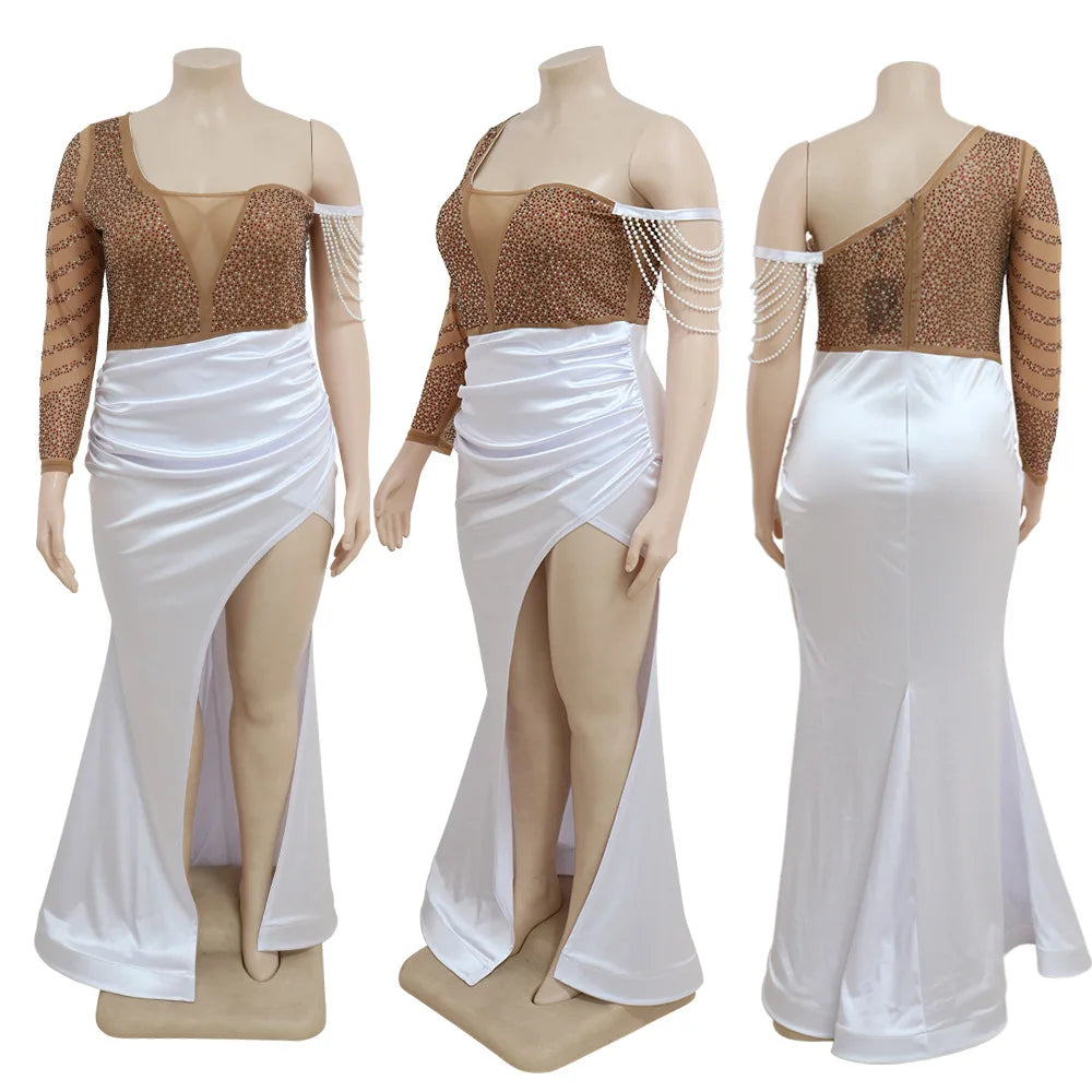 Plus Size Sexy Diamonds Mesh Split Party Long Dress Bodycon Elegant Maxi Dresses Evening Club Banquet Vestidos Women Clothes Long Dress Milanni Fashion   