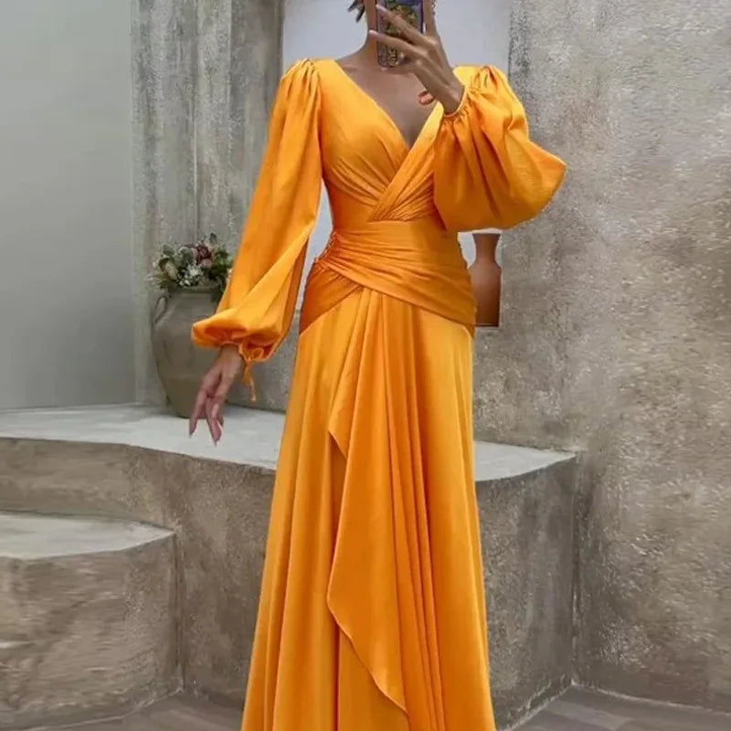 Floor Length Dress Slim Fit Sexy Deep V Neck Puff Sleeve Tight Waist Pleated Party Dress Maxi Dress Milanni Fashion   