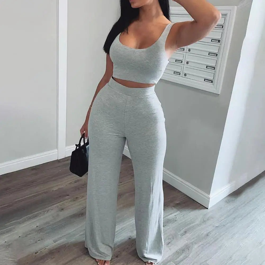 Tank Crop Top & Straight Pants Lounge Wear Matching Ensemble Outfit Women’s Two-Piece Set Milanni Fashion