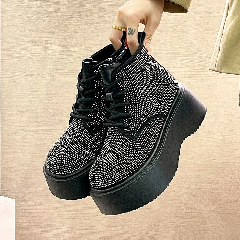 Lace up Casual Sports Shoes Full Diamond Thick Bottom Luxury Women's Boots  Milanni Fashion   